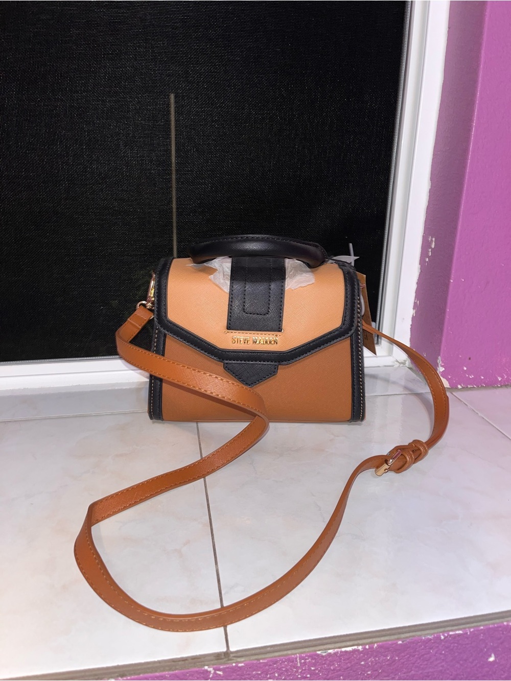 Steve Madden Tan and Black Mini Crossbody Satchel